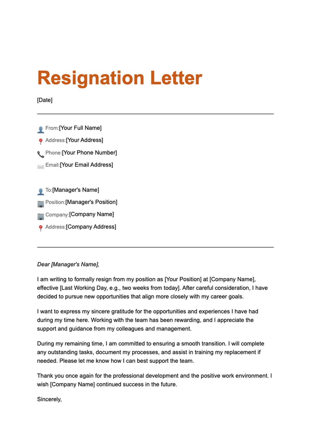 Professional resignation letter template with orange header and signature line_variant_1